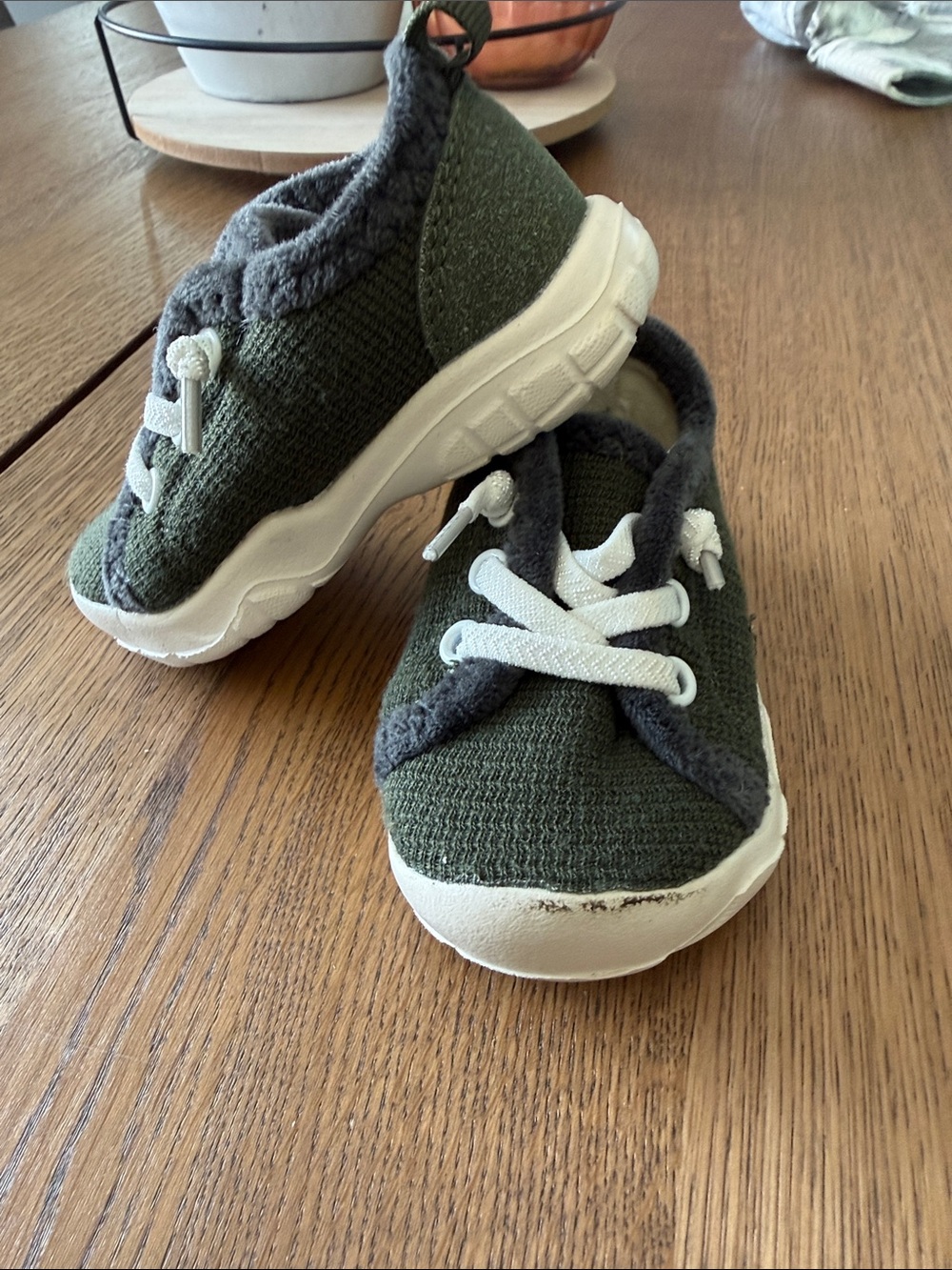 Kids Olive Green Knit Sneakers with Gray Trim and White Soles